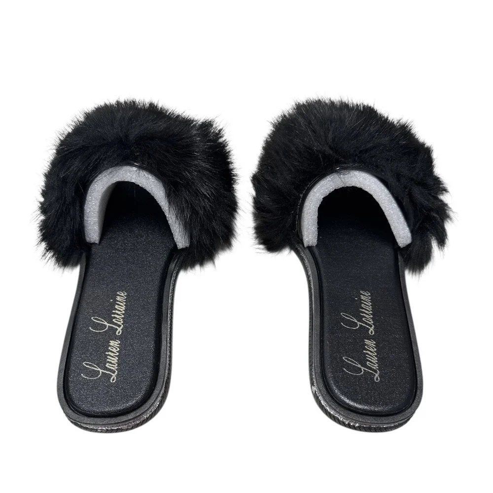 Lauren Lorraine Fluffy Black Slip-On Sandals Women's Size M US 8 New